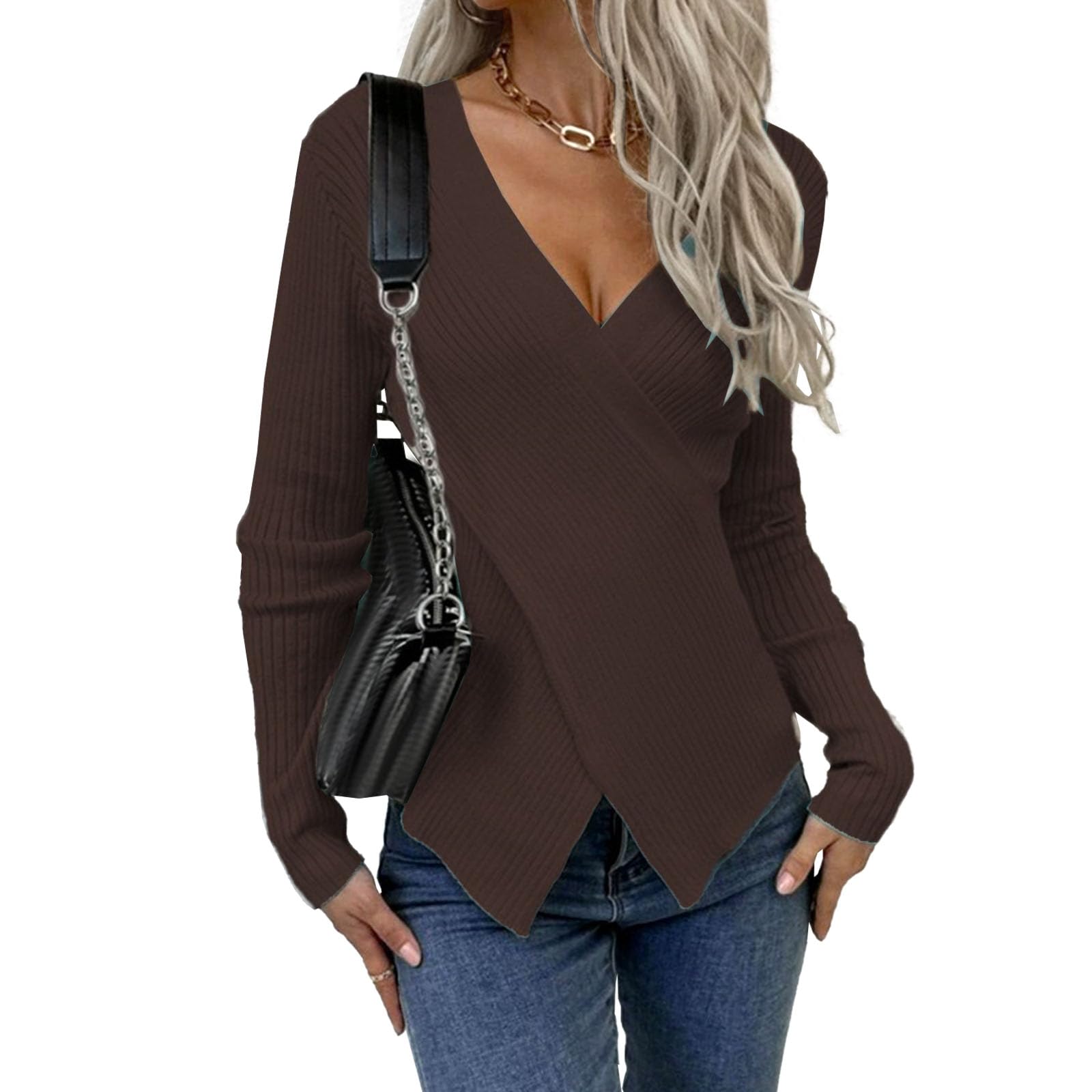 Womens 2025 Casual Pullover Sweaters Sexy V Neck Long Sleeve Asymmetric Wrap Cropped Knit Sweater Tops