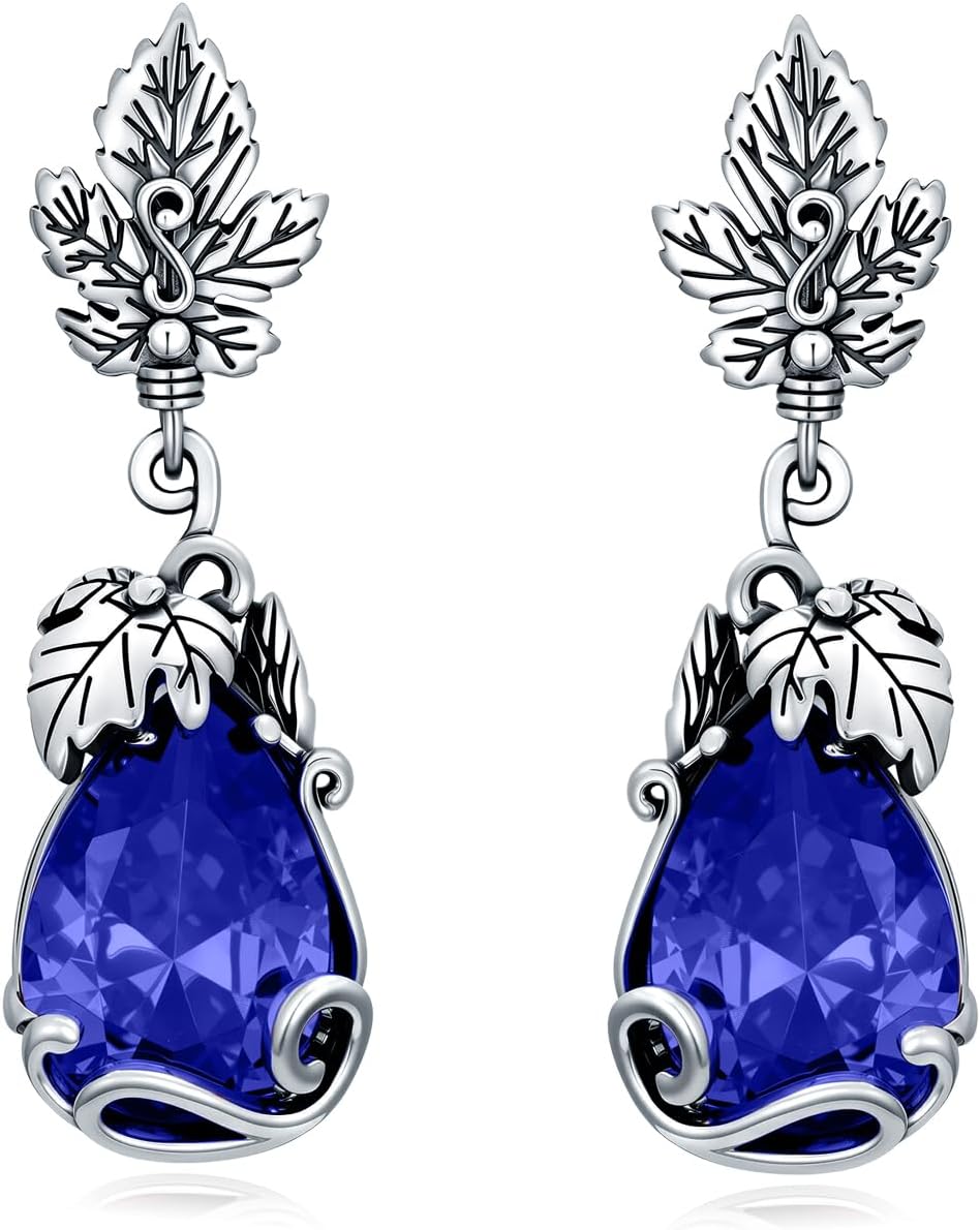 925 Sterling Silver Vintage Leaf Nature Style Teardrop Dangle Earrings with 14 mm Birthstone Gemstone Anniversary Jewelry Gifts for Women Her Wife