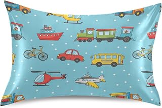 Cartoon Vehicle Transportations Pillow Covers Silk Pillowcase for Hair and Skin with Envelope Closure Satin Pillowcase Standard Size Pillow Case for Hot Sleepers Bed Women, 20x26 Inch
