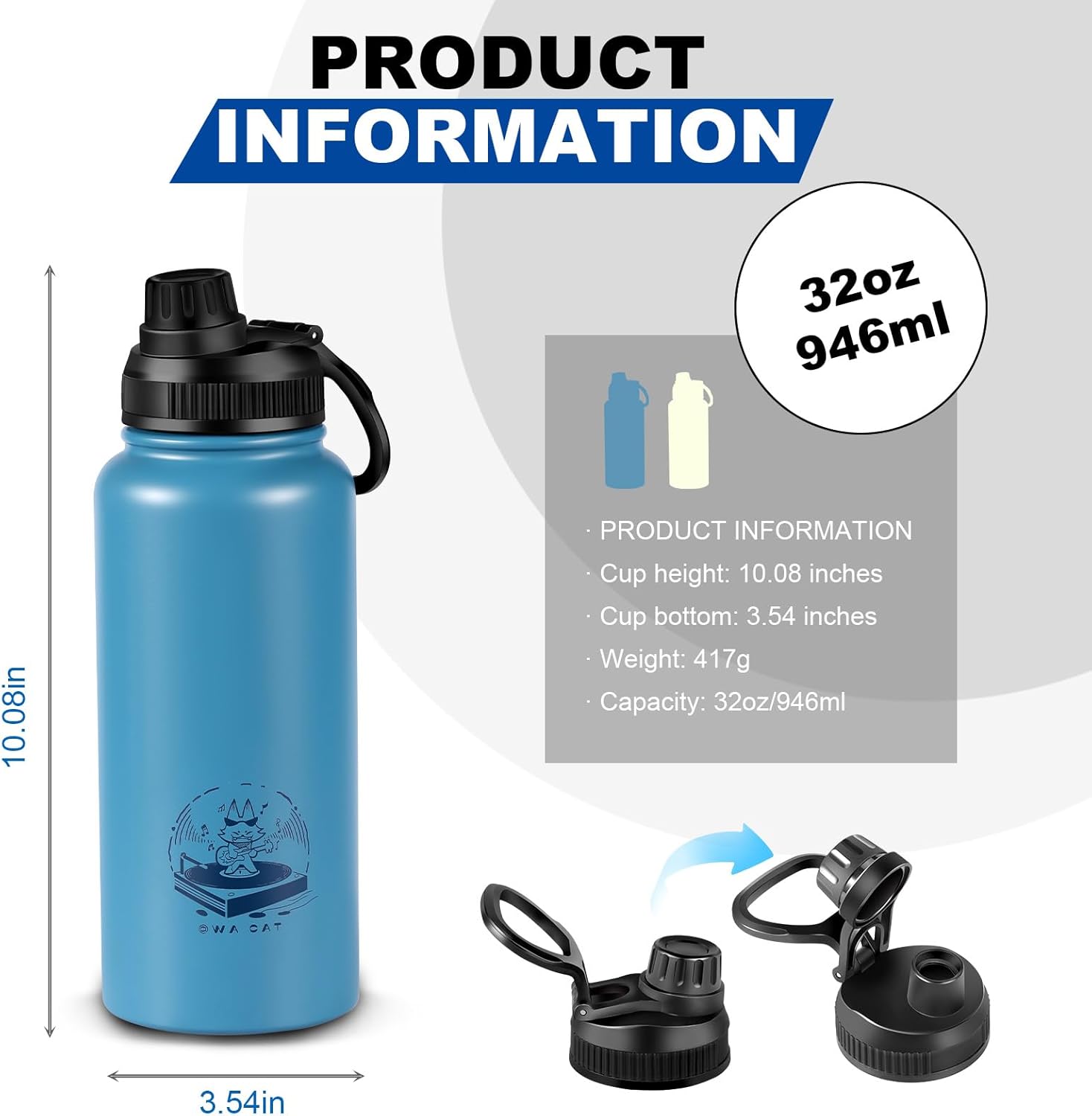 32 oz Insulated Water Bottle, Keep Cold 24H, Leak Proof Stainless Steel Water Bottle with Spout Lid - Image 4