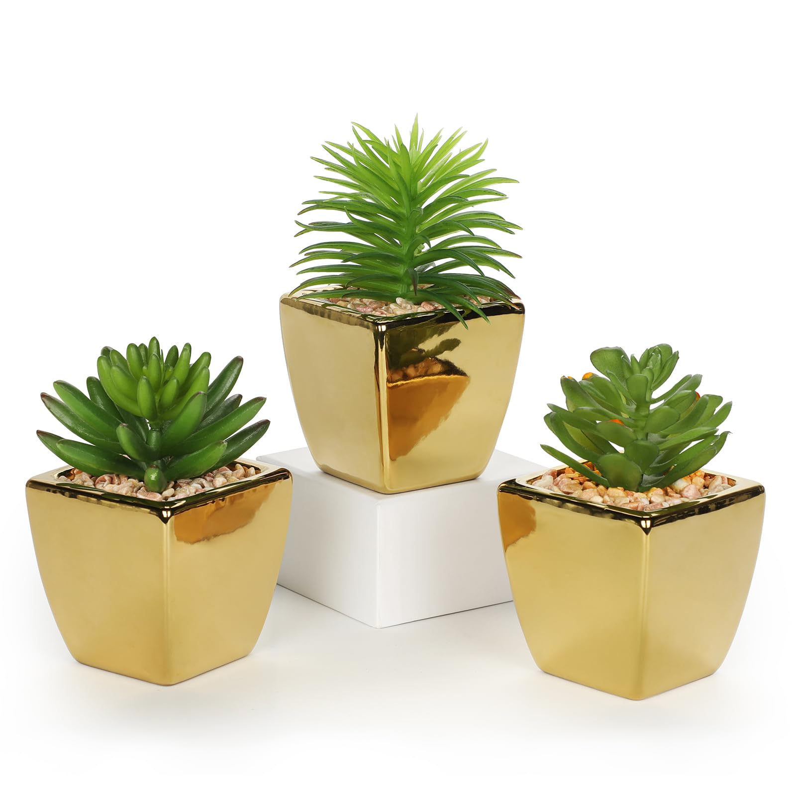 Oairse Artificial Succulent Plants Series Fake Plants Succulents in Gold Ceramic Pot Set of 3 Faux Succulents Mini Potted Artificial Plant for Bathroom Shelf Kitchen Patio Home Office Table Decor