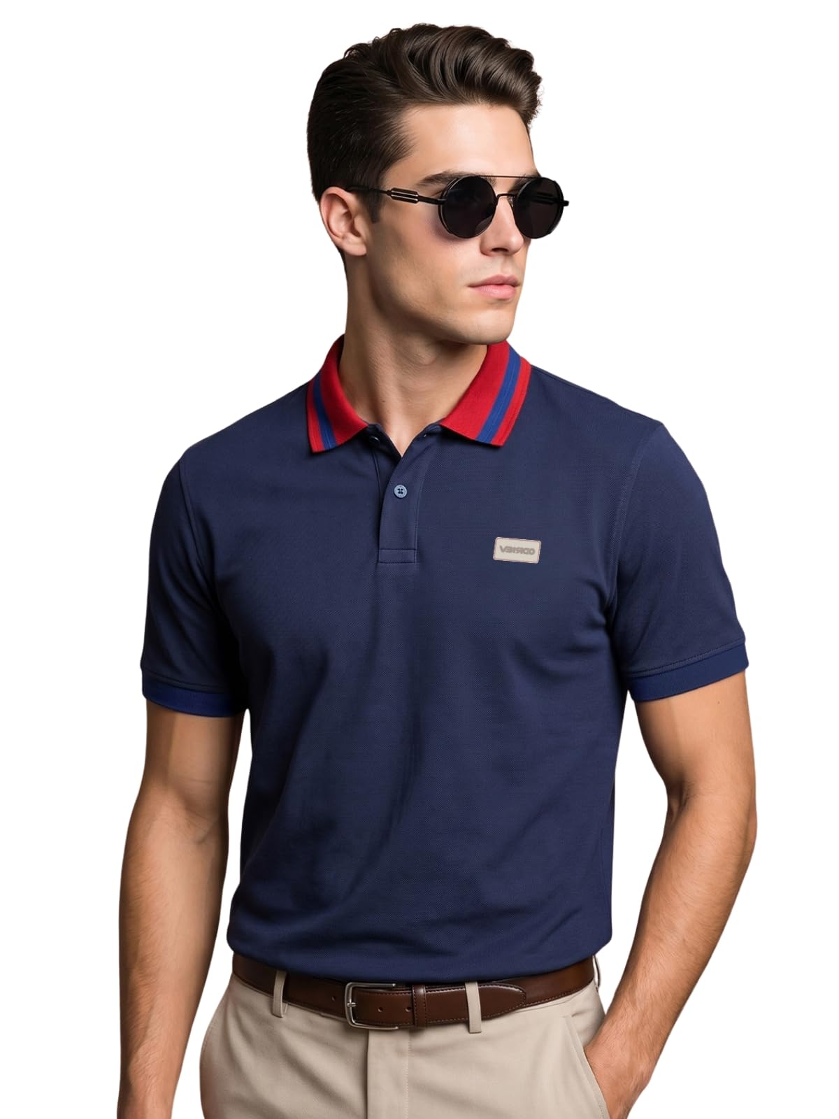 veirdo Pure Cotton Half Sleeves Regular Fit Solid Patch Printed Polo Collar T-Shirt for Men (Colors: Blue Iris, Atomizer, Swanwhite & Navy Peony)-picture-11