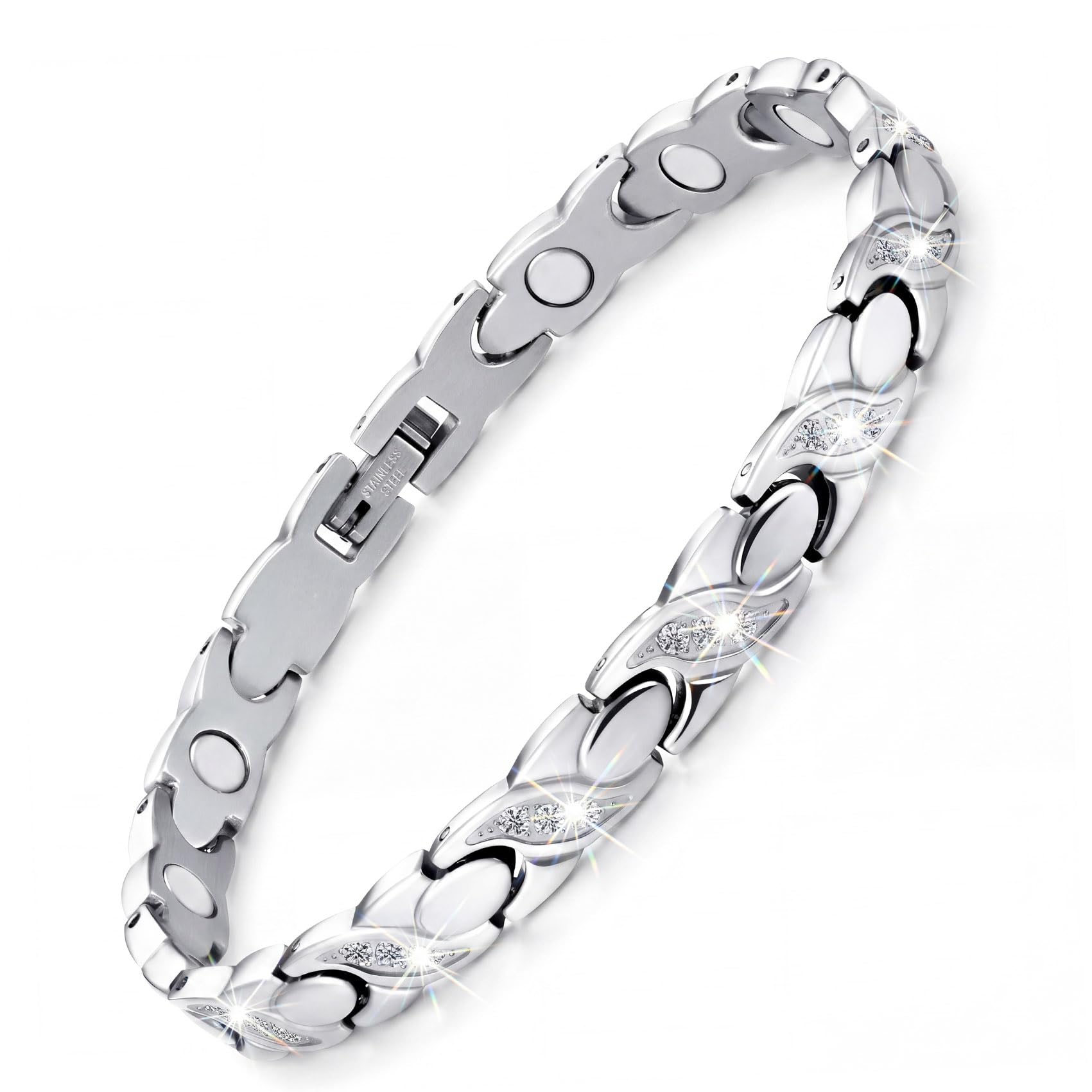 Feraco Titanium Steel Magnetic Bracelet with Crystals
