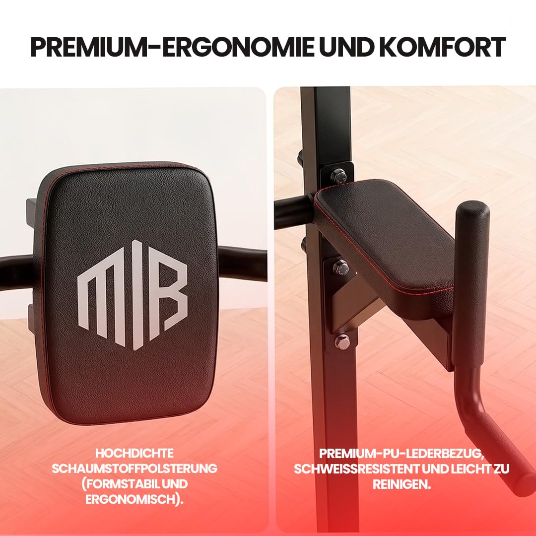 ManiBoom "FELSENFEST" Klimmzugstange freistehend (220 KG) - Höhenverstellbare Power Tower (165-235 cm) mit Anti-Kipp-Basis - Pull Up Station für Calisthenics, Dips & Bauchtraining Zuhause