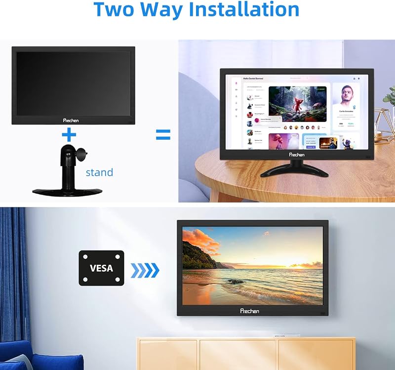 Prechen 13.3" Hordozható Monitor HDMI VGA USB Bemeneti Kijelző Beépített Hangszóróval