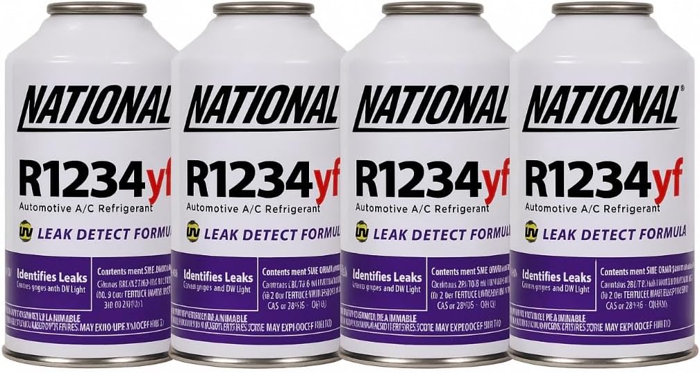 R1234YF (4) Replacement Compatible Automotive ac REFRIGERENT 8 oz Cans with self Sealed Valve for Easy use + UV DYE-Leak Detect Formula. Made in The USA. Replacement R1234yf