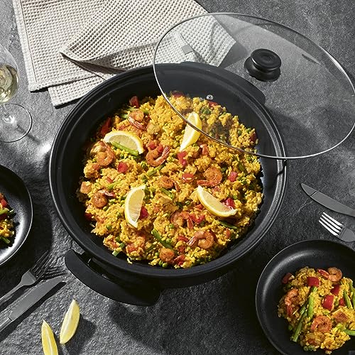 GOURMETmaxx Padella elettrica multifunzione, diametro 40 cm, con termostato, coperchio in vetro e rivestimento antiaderente, volume XXL, ideale come paella, stufato e padella wok, 1500 W [acciaio - immagine 6