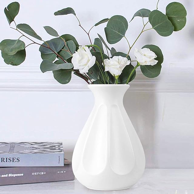 Flower Vase Plastic Ceramic Look ,White Vase Unbreakable, Geometric Modern Minimalist Style Home Décor Vase for for Home Decorations, Bathroom, Living Room, Table, Shelf, Office Décor(EWhite)