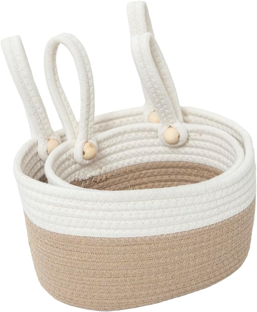 YAHUAN Cotton Hanging Basket for Organizing Hanging Wall Basket With Handle for Wall Decor Bedroom Car Seat Back Stroller (Khaki white) - Image 2