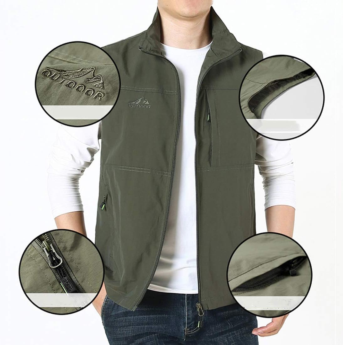 Herrenwesten Outdoor, Lässige Leichte Weste Mit Mehrfachtasche, 100% Baumwolle Multifunktionsarbeit Für Reisen Fotografie Camping Jagd, Khaki, XL
