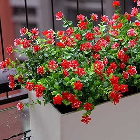 YXYQR Artificial Flowers Outdoor UV Resistant Fake Plastic Plants Outside Indoor Hanging Faux Greenery Shrubs Arrangement for Vase Porch Window Box Patio Wedding Home Decoration 4 Pack (Red) Cover