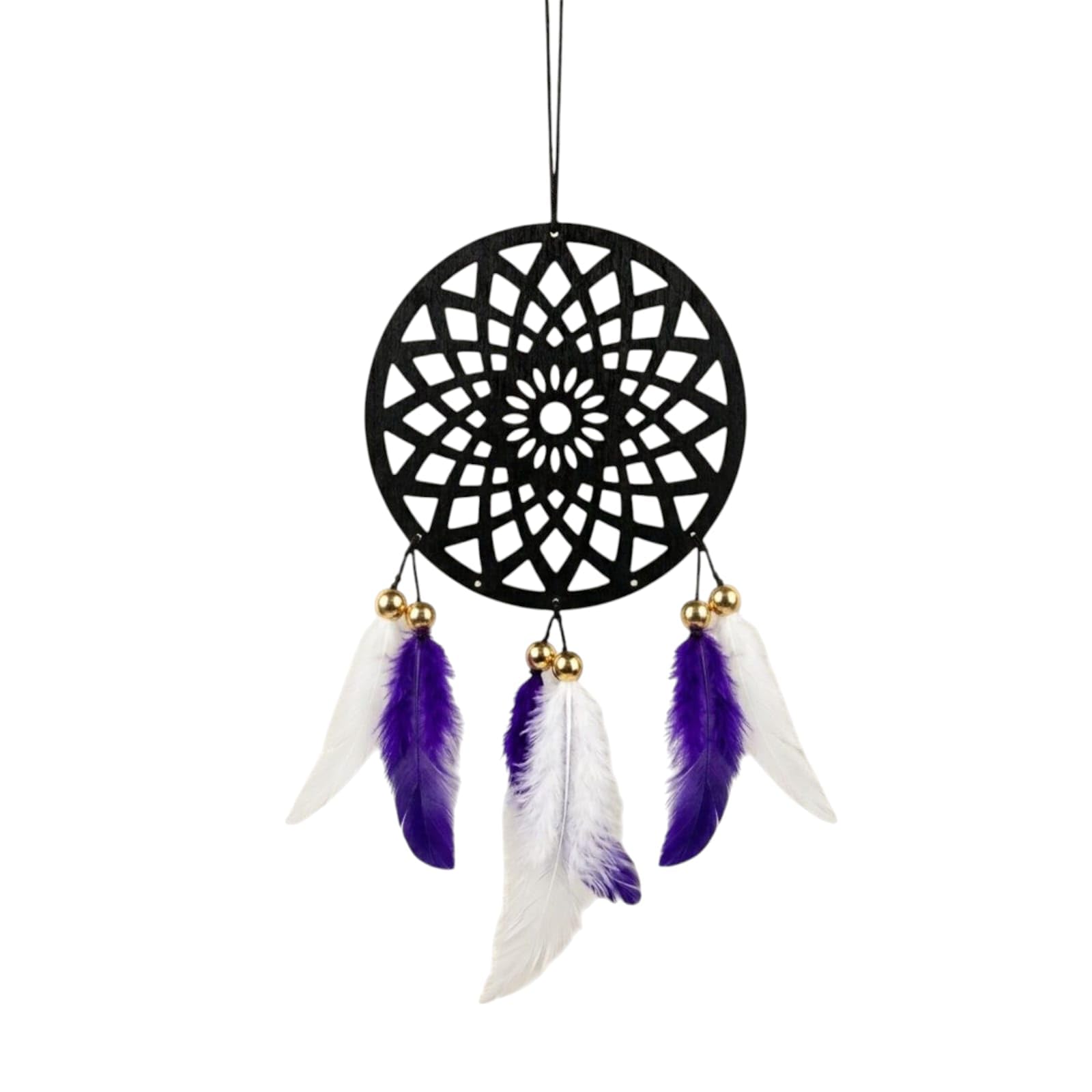 Dream Catcher Car Rear View Mirror Hanging Ornament, Black Wooden Web with Purple and White Feathers, Gold Beads, 9 cm-image-24
