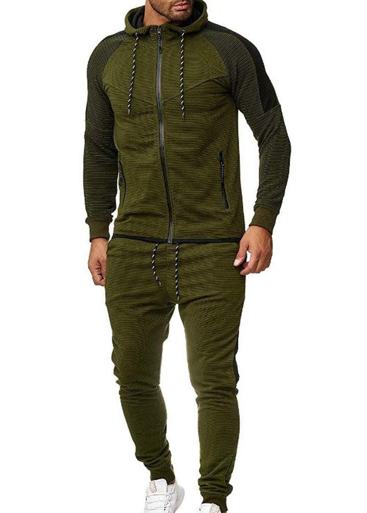 Sportowy Garnitur Męski Pinstripe Splice Slim Fit Dres Modne Spodnie dresowe + Zestaw Bluza Z Kapturem Trend Zimowy, Wojskowa zieleń, 3XL