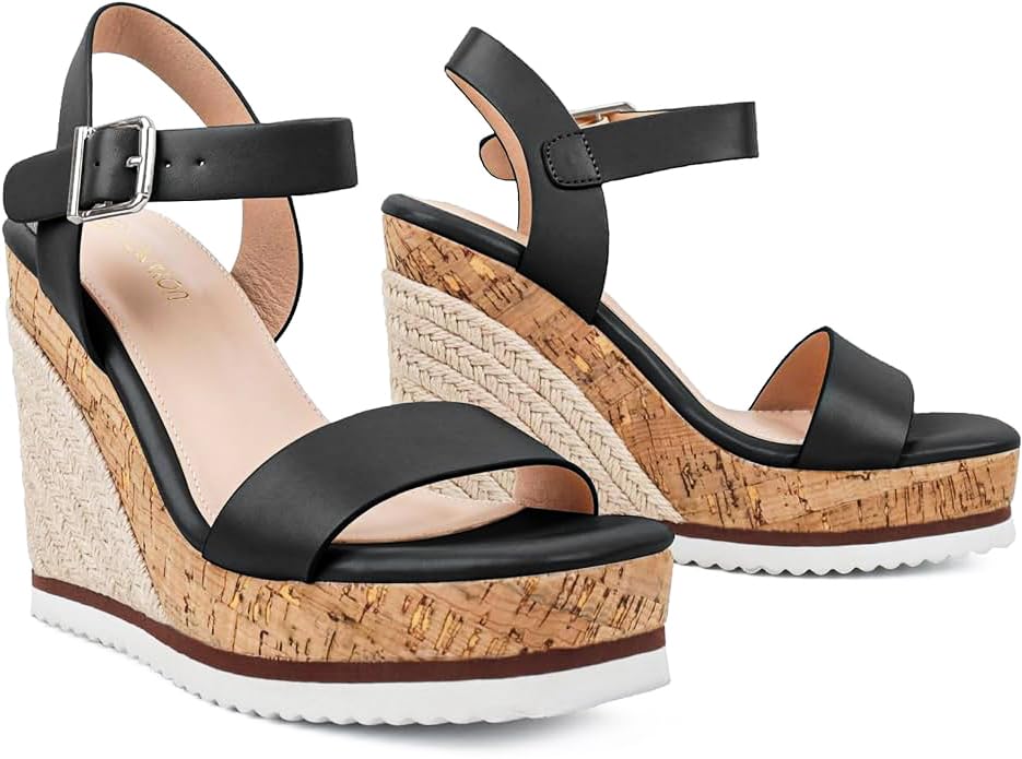 Wedge Sandals for Women Espadrilles, Women's Wedges Sandals Square Toe Adjustable Ankle Strap Buckle Comfortable High Heel Beach Shoes with Cushioned Footbed for Casual Summer3
