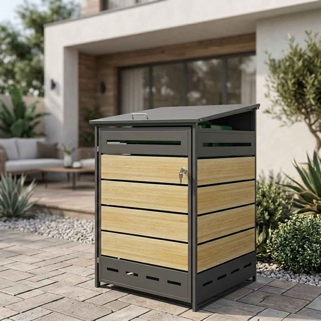 Cobertizo para Cubo de Basura D04GW1, Armario Metálico Exterior para Contenedores de 60L 120L y 240L, Cubierta Moderna con Ventilación y Apertura Superior, Antracita/Marrón, 130,5 x 77,5 x 73 cm