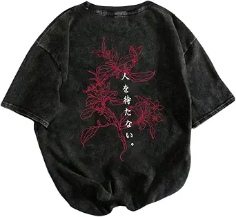 SHENHE Men's Vintage Washed T-Shirt Japanese Graphic Tee Crew Neck Top