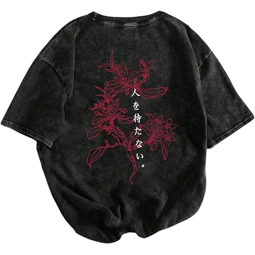 SHENHE Men's Vintage Washed T Shirt Japanses Graphic Tee Crew Neck Top | Summer Top,Short Sleeve,Vintage Tee,Flower Print