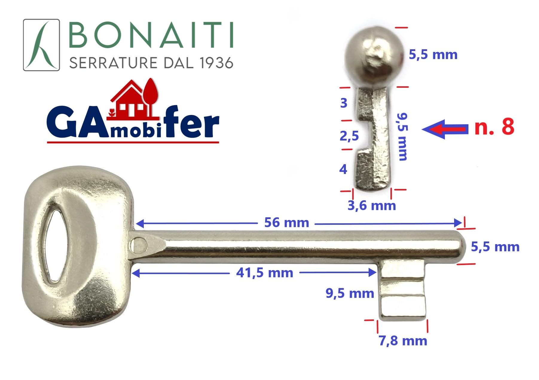 Chiave per serrature porte interne a incasso BONAITI. (NICHELATA, 8)