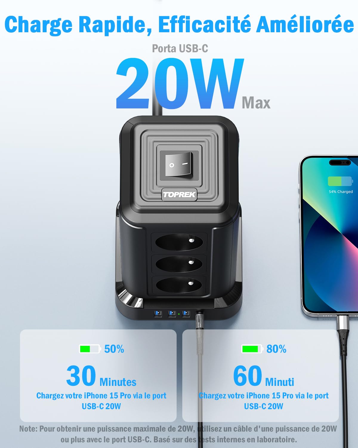 TOPREK Steckdosenleiste mit 12 französischen AC-Steckdosen und 1 USB C (20 W PD3.0) und 3 USB A und 1 Schalter und 2 m Verlängerungskabel, 4000 W/16 A
