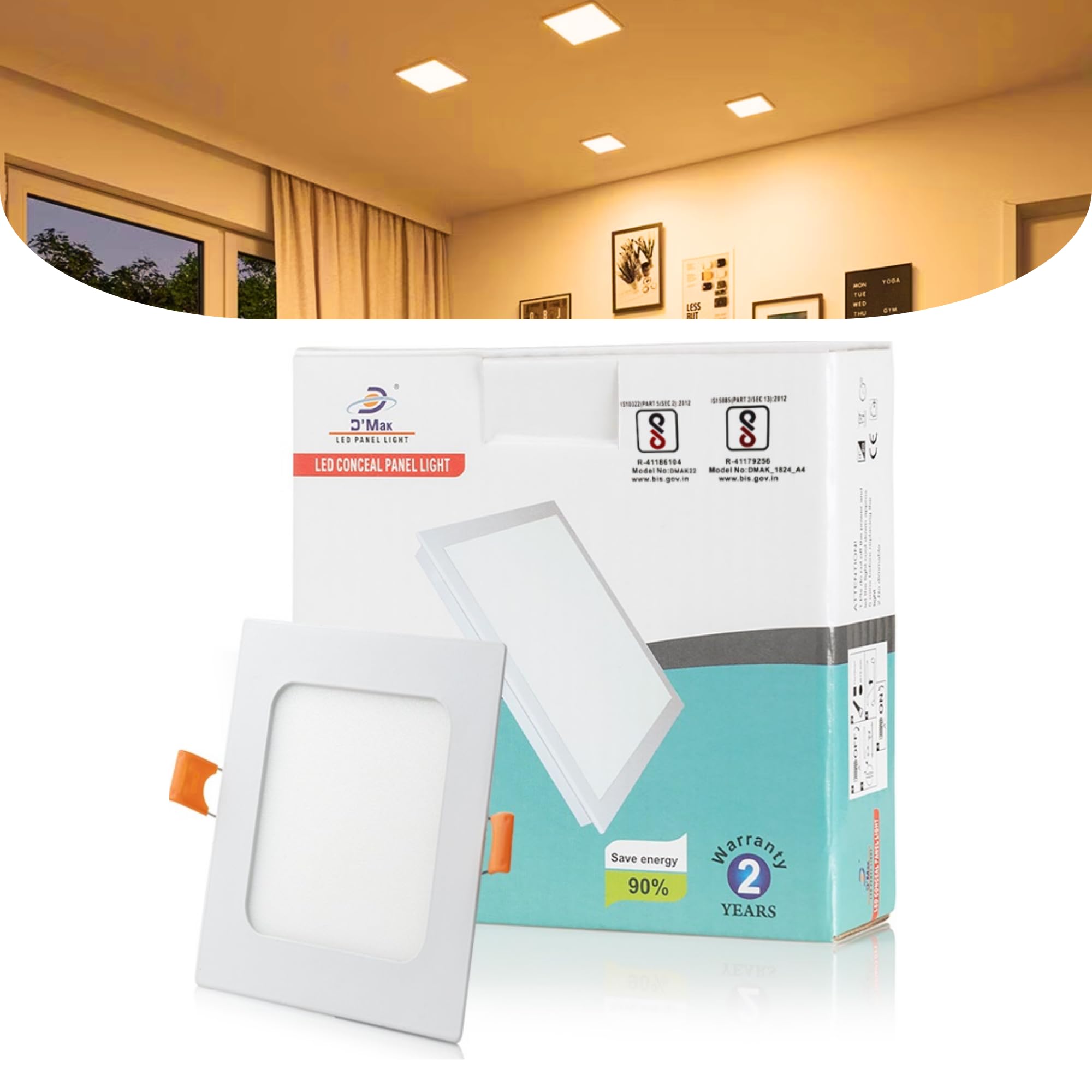 D'Mak 18 Watt Square Led Conceal Panel Light for False Ceiling & POP - LED Ceiling Panel Light - Energy-Efficient and Stylish Design, Warm White, Pack of 1