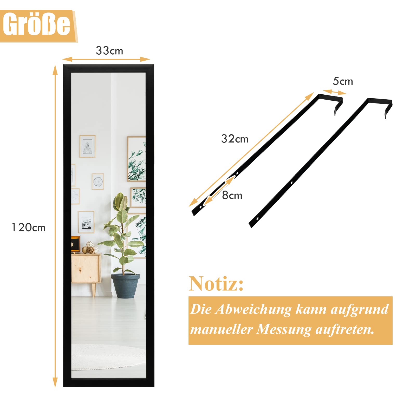 COSTWAY Over De Deur/Muur Spiegel, 120 X 37 Cm Wandspiegel Met Het Hangen Van Haken Voor Deur Muur Opgezette Aankleed Spiegel Hangende Spiegel Voor Slaapkamer Woonkamer Zwa