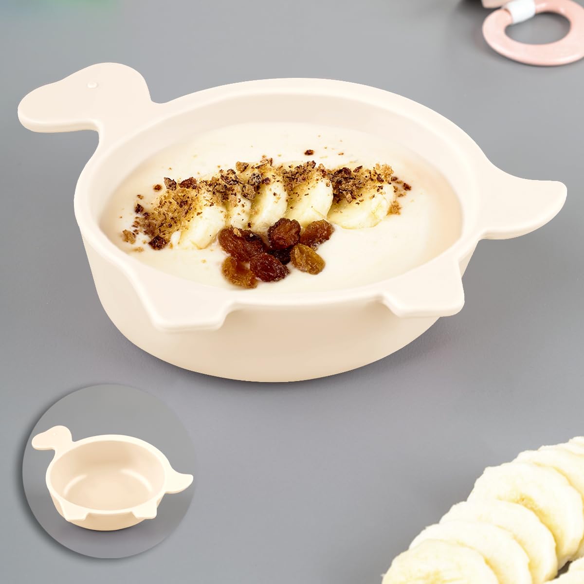 Kaplumbağa Figürlü Silikon Bebek Mama Kasesi - Şekilli Bebek Beslenme Kasesi - Bej