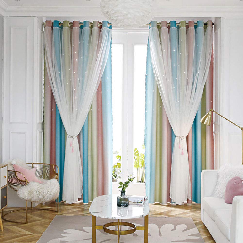 Rayas Tul Cortina,2 Capa Estrella Hueco Romántico Cortinas Paneles Tratamiento,Apagón Cortina De Ventana para Las Niñas Balcón Salón A 300x270cm(118x106inch)