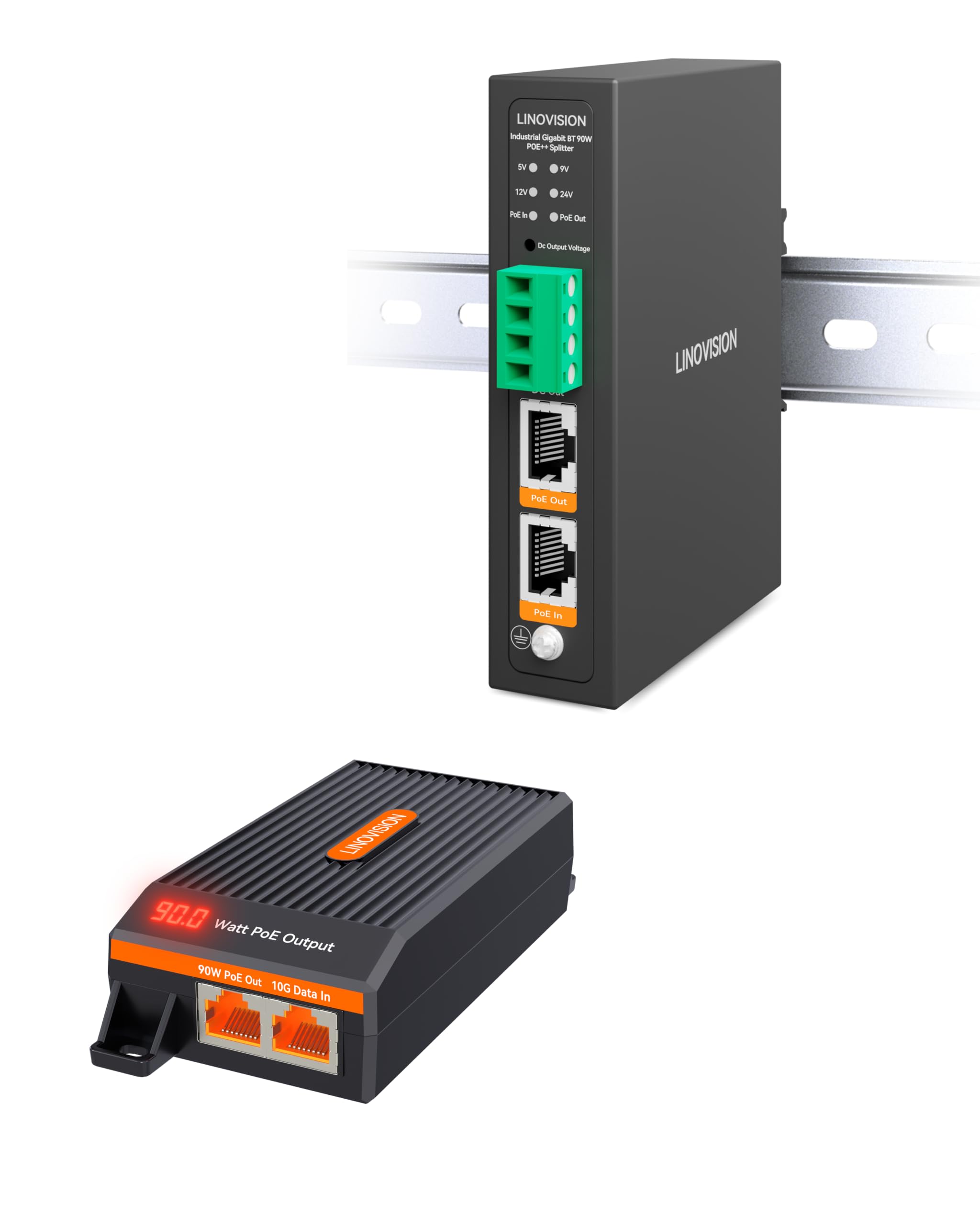 LINOVISION Injecteur PoE++ 10G BT90W et Séparateur PoE++ Gigabit Industriel | Injecteur PoE++ 10G BT90W avec Affichage de la Puissance PoE en Temps Réel