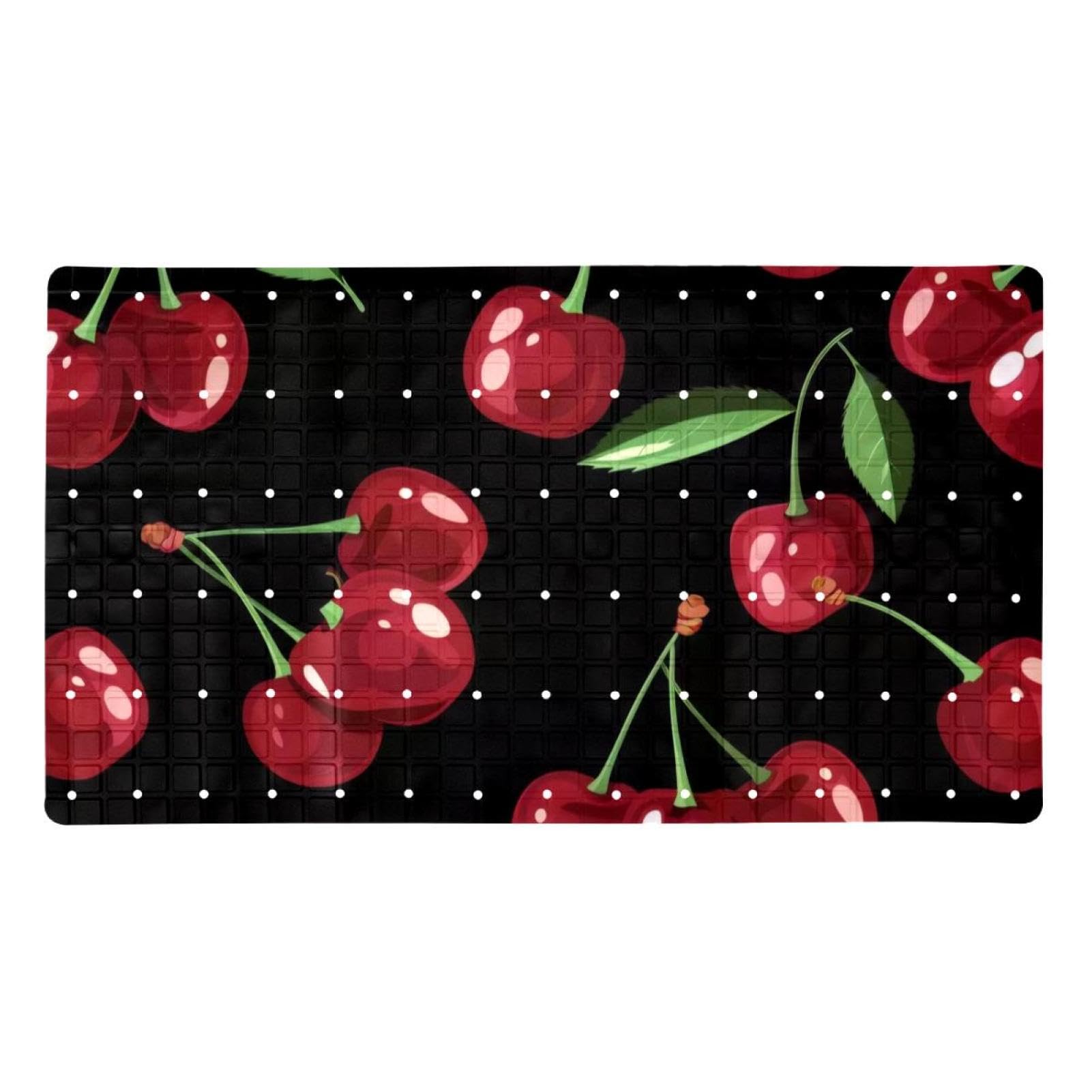 Rutschfeste Badematten für Badezimmer, rechteckige Badewannenmatte, maschinenwaschbar, 40 x 70 cm, Motiv: niedliche Kirschbeeren auf schwarzem Hintergrund