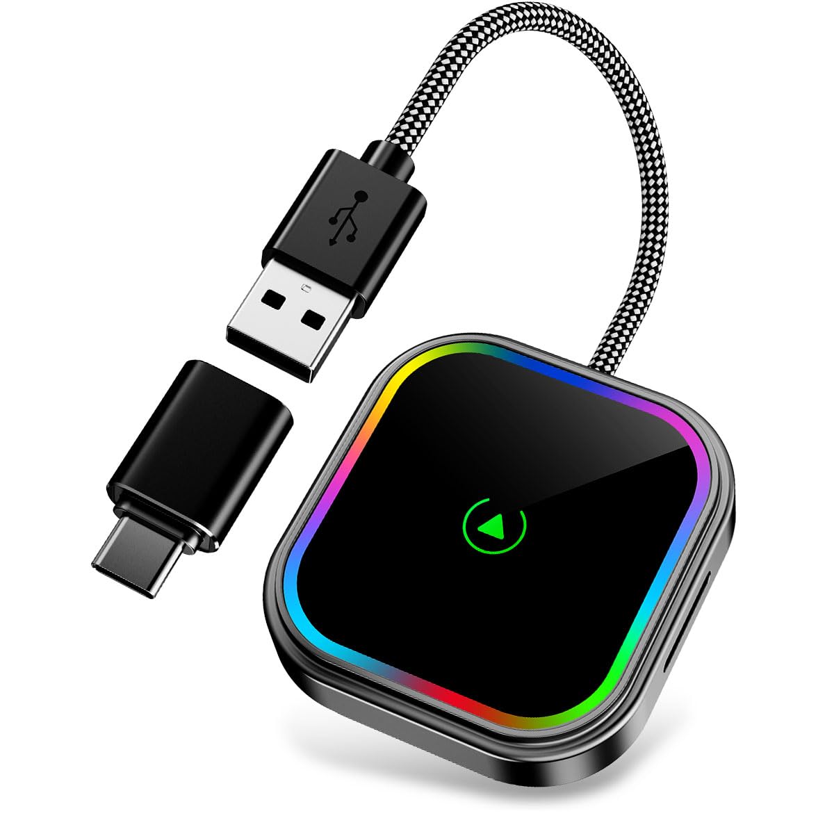 ESSGOO CarPlay Wireless Adapter für Apple,Android Auto Kabelloses Car Bluetooth WiFi Adapter USB C/A für iPhone iOS 10+,Android 11+,Plug und Play,Mini,Sprachgesteuerte Farbige RGB LED Leuchten