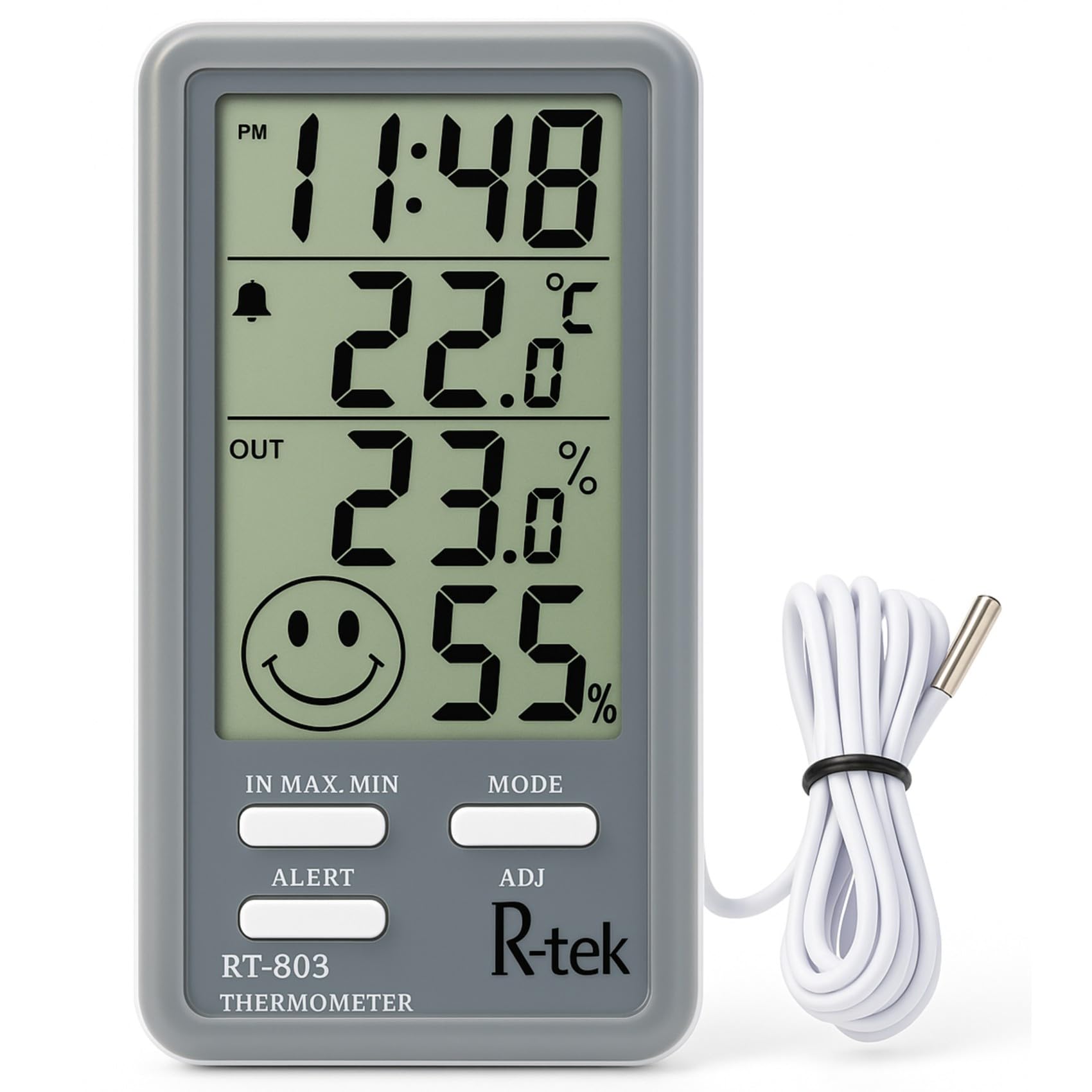 r-tek digital temperature and humidity meter digital hygrometer thermometer indoor/outdoor temperature sensor hygrometer multi purpose humidity date time alarm with lcd display