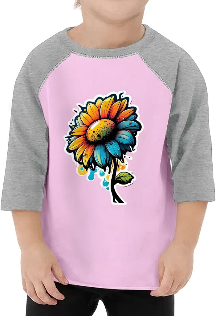 Flower Print Toddler Baseball T-Shirt - Cute Cartoon 3/4 Sleeve T-Shirt - Printed Kids' Baseball Tee