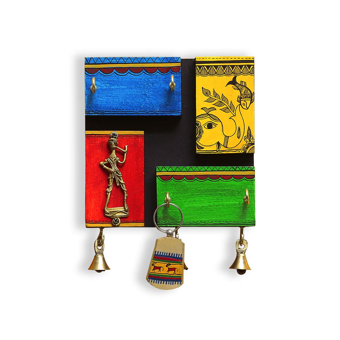ExclusiveLane Warli Handpainted Recycled Wood Home Decorative Keychain Holder Key Hangers Key Stand & Wooden Hanging Key Holder for Wall (Multicolor, 4 Hooks) 1