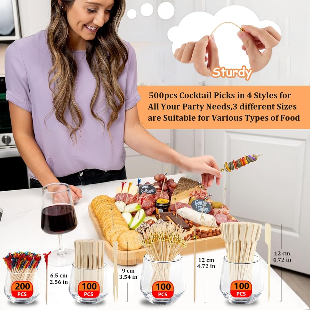 500 palillos de dientes de cóctel para aperitivos, pinchos de frutas para aperitivos, palillos de dientes de fiesta para aperitivos, palillos de embutidos, palillos de cóctel para aperitivos, palillos