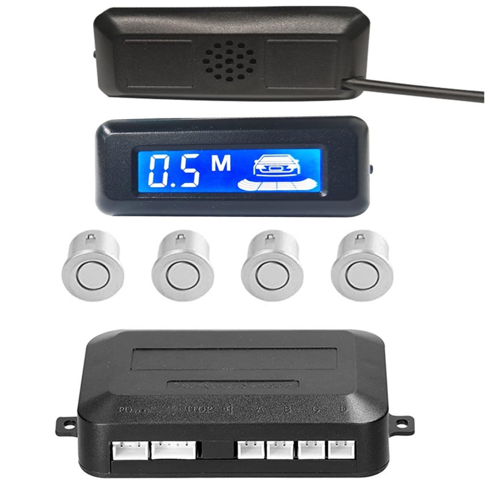 Aparcamiento asistido Radar Marcha Atrás Coche Sensor Aparcamiento Automático Parktronic LCD Coche Zumbador Advertencia 4 Sensores Aparcamiento Sensor Aparcamiento Radar Marcha Atrás(Silver)