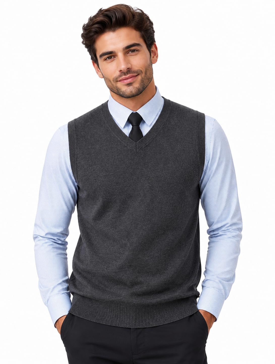 Men's Black Sleeveless Sweater Vest V-Neck Knit Pullover for Office, Casual & Formal Wear-picture-41