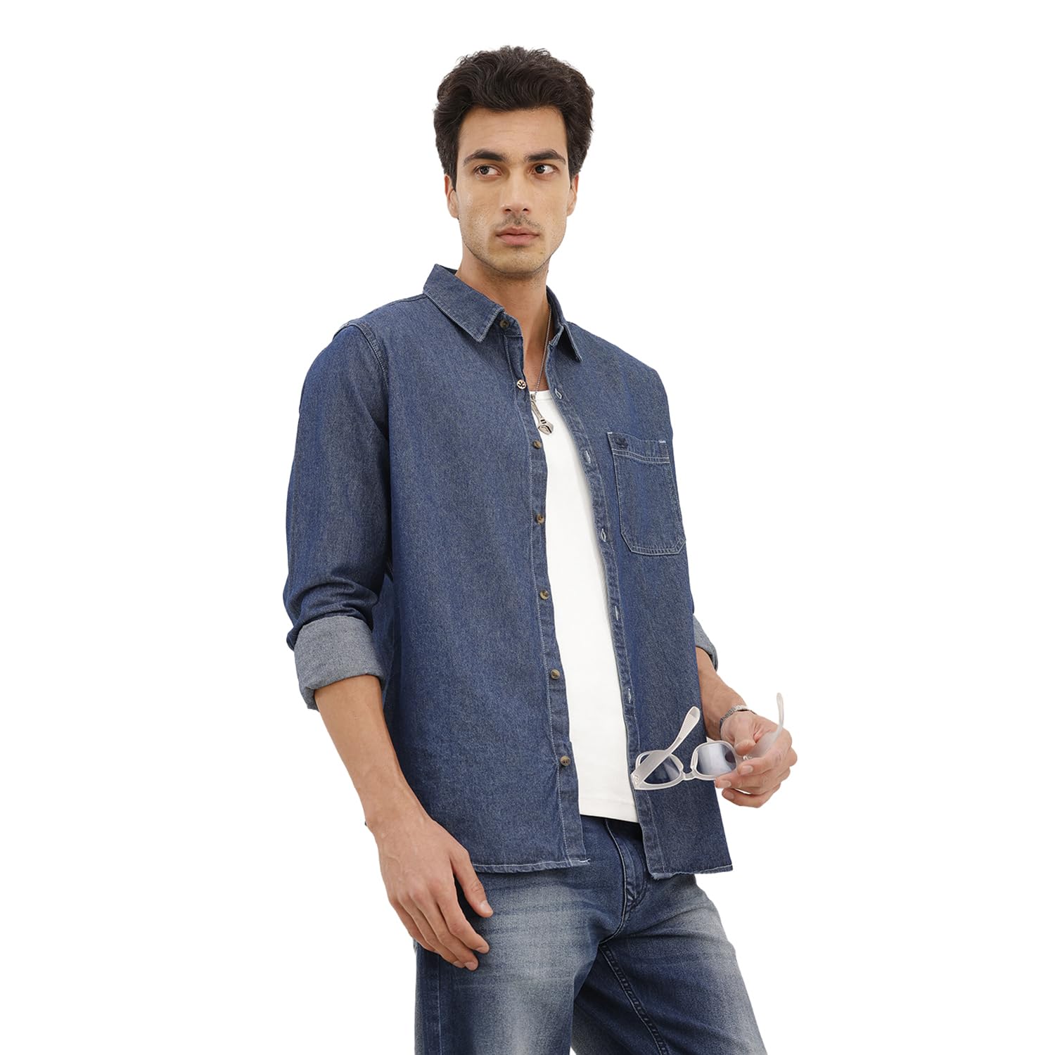 wrogn Men's 100% Cotton Denim Shirt | Solid | Slim Fit-picture-14