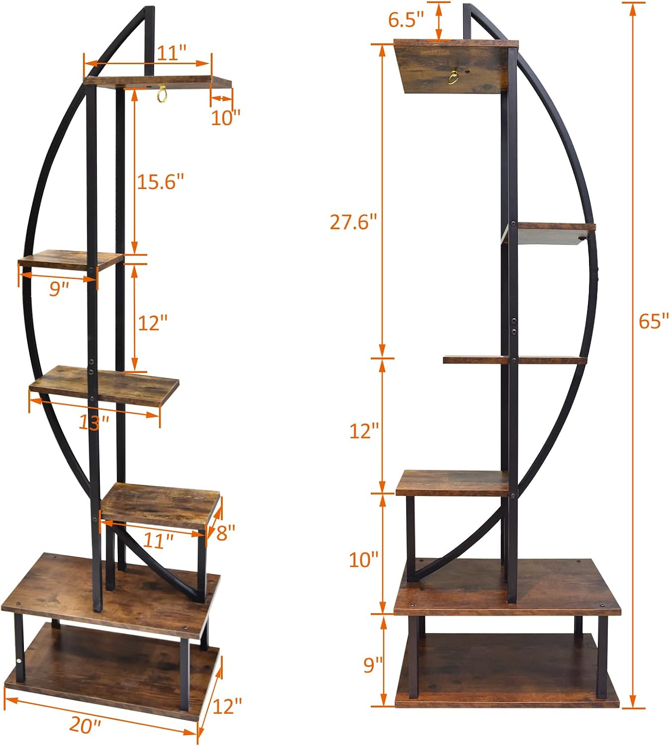 A detailed diagram showing the dimensions of the YIFOR plant stand in inches, including overall height, width, depth, and individual shelf measurements.