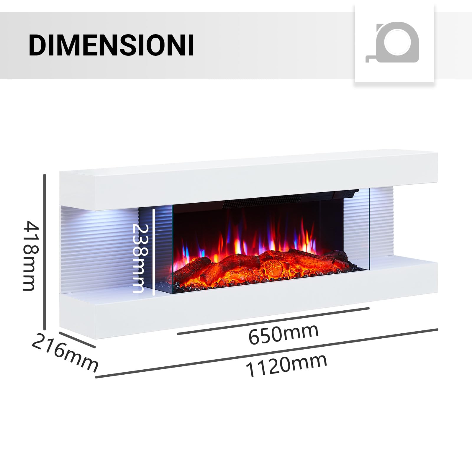 Balderia Camino Elettrico Lumina elettrico da parete con effetto fiamma 3D, riscaldamento 1000/2000 W, illuminazione a LED, camino con telecomando, timer, termostato, bianco