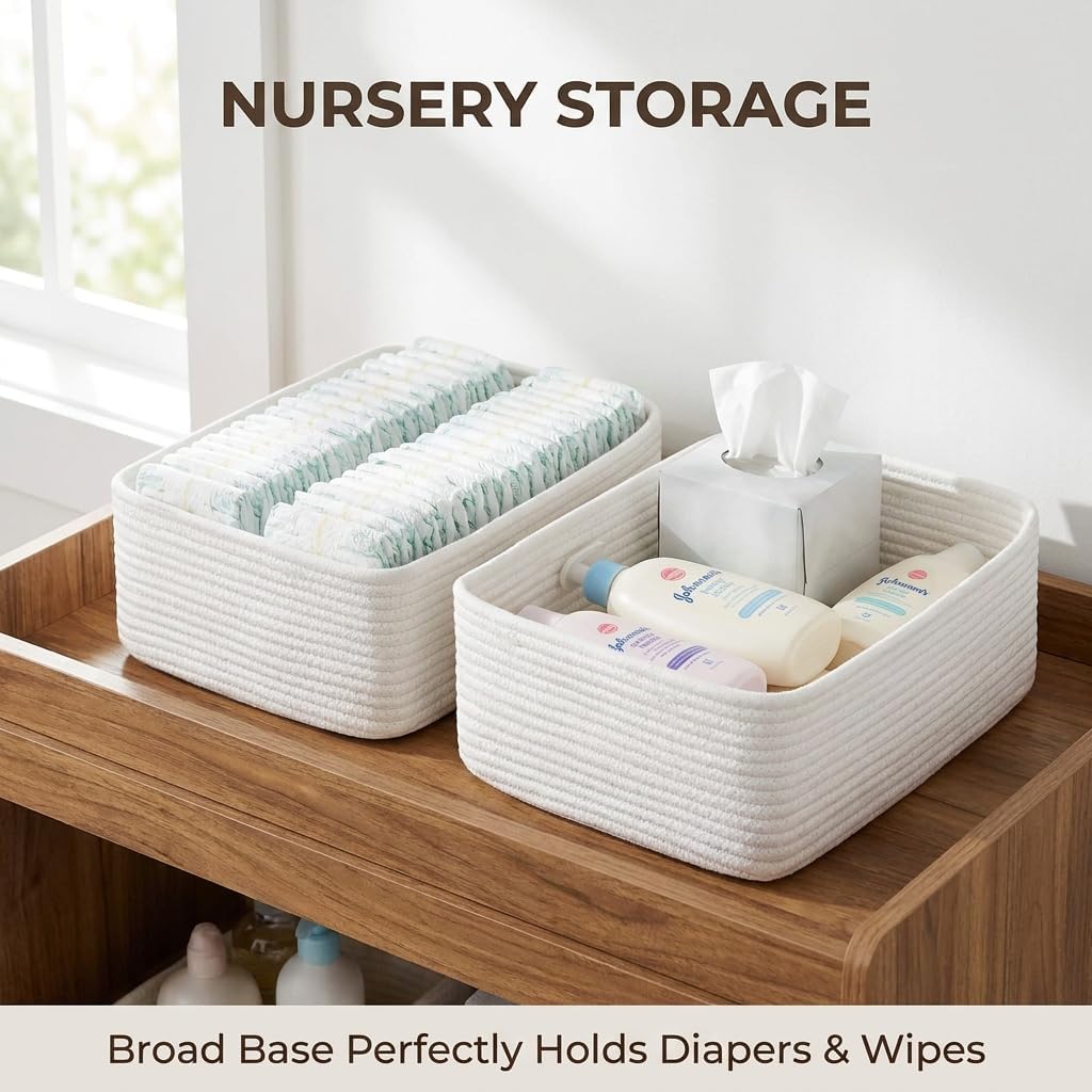 15"x11"x5.1" Storage Baskets for Shelves 2 Pack, White Basket for Organizing, Cloth Basket for Closet Organization, Shelves, Cotton Rope Basket for Storage, White