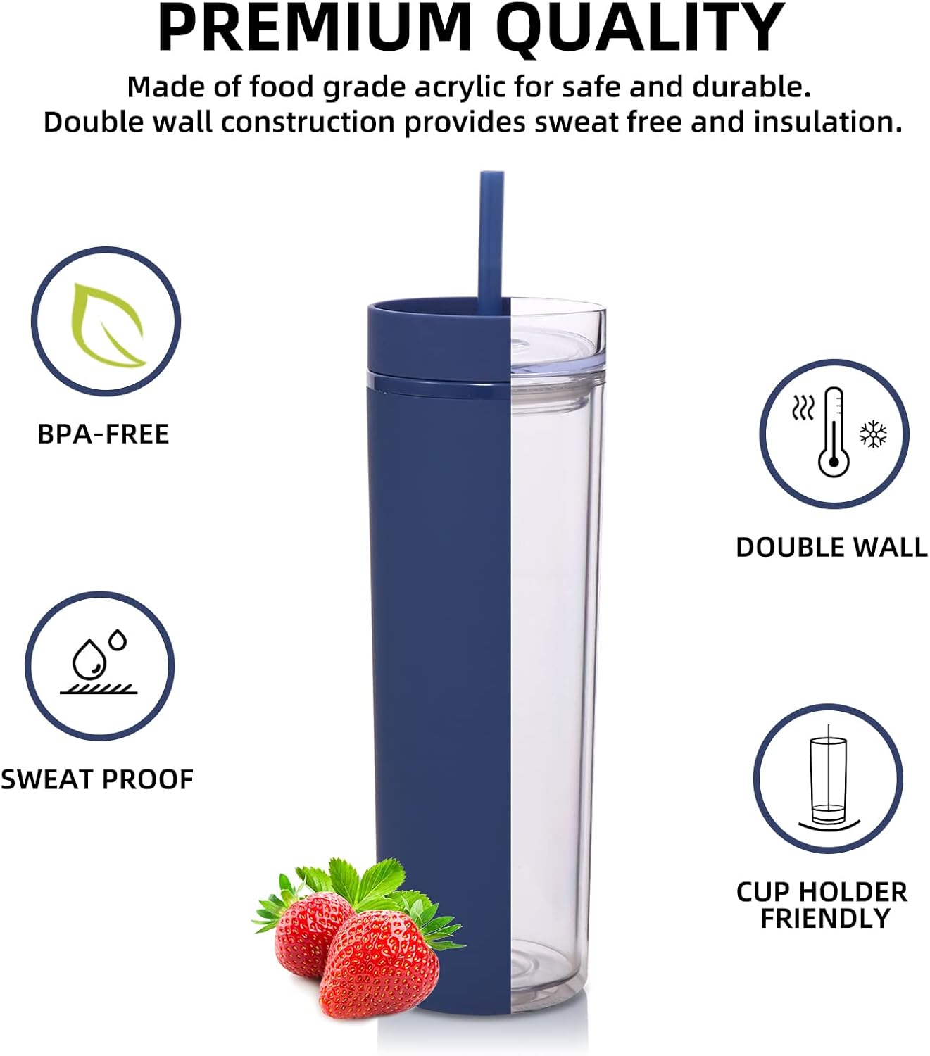Volhoply 20oz Plastic Skinny Tumblers Bulk 10 Pack,Double Wall Tumbler with Lid and Straw,BPA Free Matte Acrylic Iced Coffee Cups With Straw,Reusable Travel Cute Mug for Party,DIY Gift(Navy, 10 Set) - Image 2