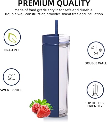 Miniatura 10 de Volhoply Vaso de 20 onzas con tapa y pajita, paquete de 8 vasos delgados de plástico de doble pared a granel, reutilizable, para viajes, lindo taza