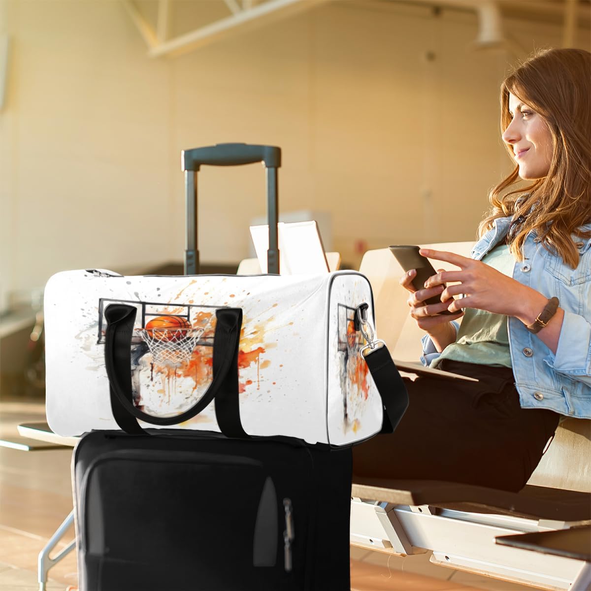 Watercolour Basketball Stand Travel Duffel Bag for Women Men Large Capacity Overnight Weekender Bags for Lightweight Waterproof Sport Gym Bag for Workout Yoga Swim