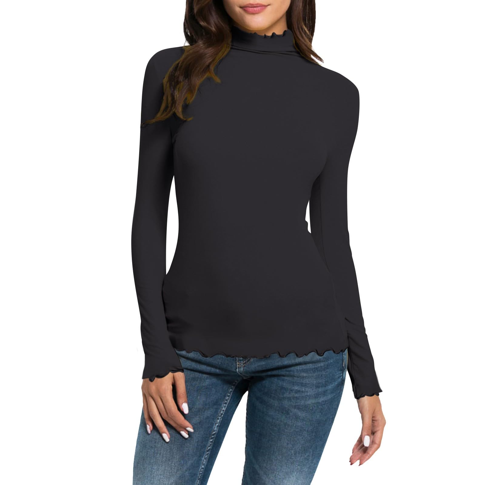 Camiseta interior de manga larga para mujer, cuello alto, algodón, suave, elástica, color liso, camiseta interior de corte ajustado