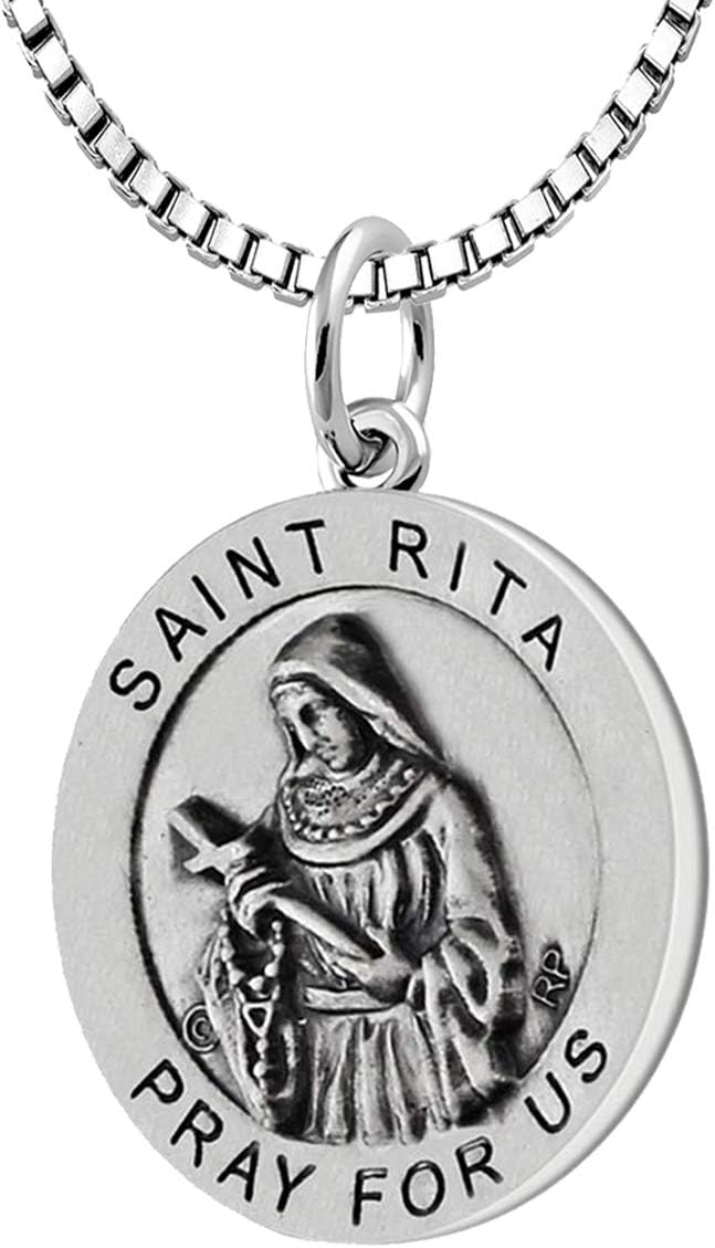 US Jewels Ladies 925 Sterling Silver 18.5mm Saint Rita Medal Pendant Necklace, 18in to 24in