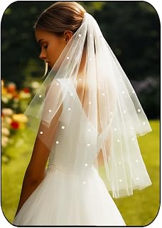 Pearl Bride Wedding Veil White Short Elbow Length 2 Tiers Bridal Tulle Veils with Comb