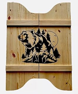 Rustic Wooden Saloon Doors with Bear Forest Design, Western Cafe Style Swinging Door (Natural, 28.5" Doorway Opening)