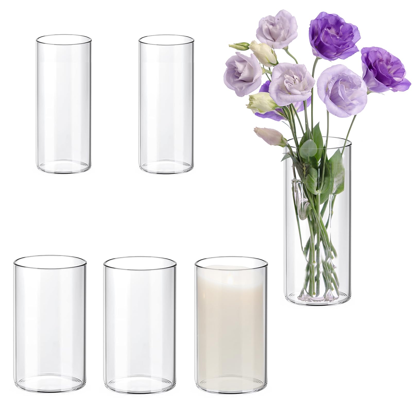 6 PCS Acrylic Clear Cylinder Vase Set, 2 Sizes (3.9'' and 4.7'' in Diameter), 7.87'' Tall Unbreakable Flower for Wedding Centerpieces, Home Décor