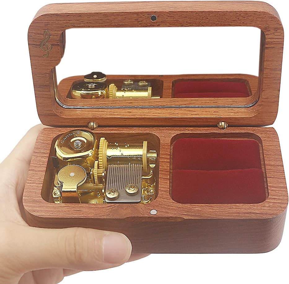SOFTALK Vintage Wood Ring Jewelry Box Musical Boxs Gifts for Proposal Engagement Wedding Christmas Birthday Valentine's Day (Creative Rosewood Wood, Tune ; Rainbow Connection)