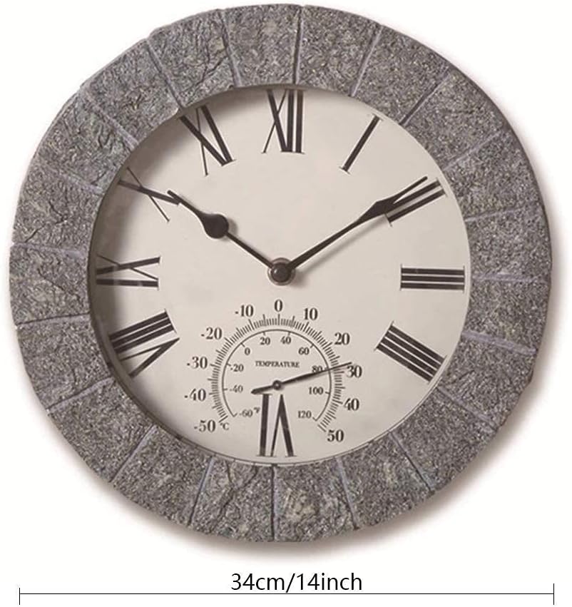 Rwall Clock Resin Wall Clock Waterproof Outdoor Wall Clock with Thermometer for Wall Garden Courtyard